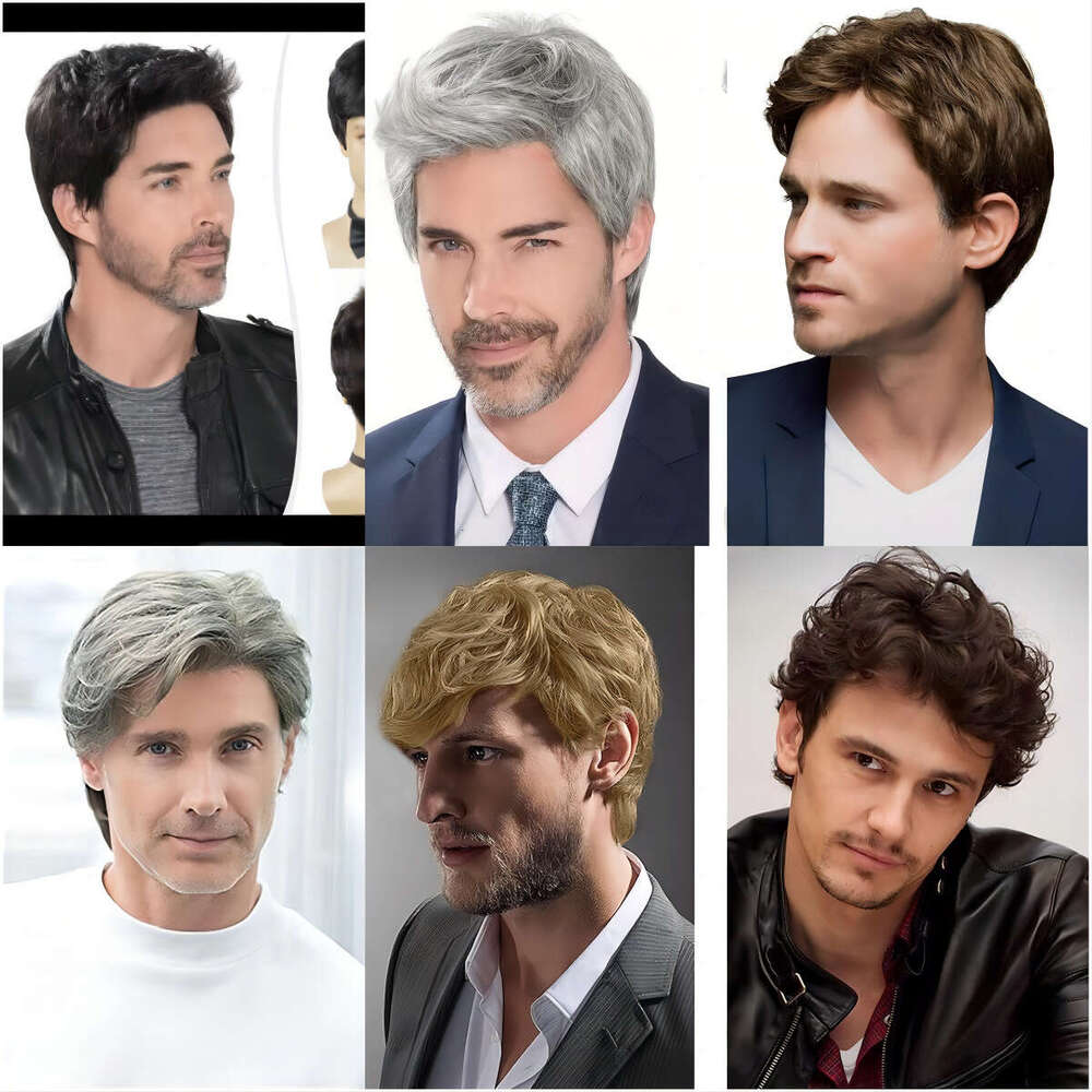 Wig Split Short Hair, High Temperature Silk Fashion Styling Wig Gray Men's Hair