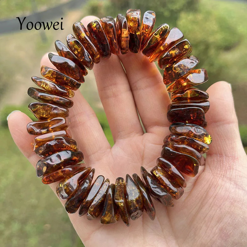 Large amber bracelet suitable for unisex unique natural genuine Piebald plants square irregular Diy beads exposed jewelry supplier 241018