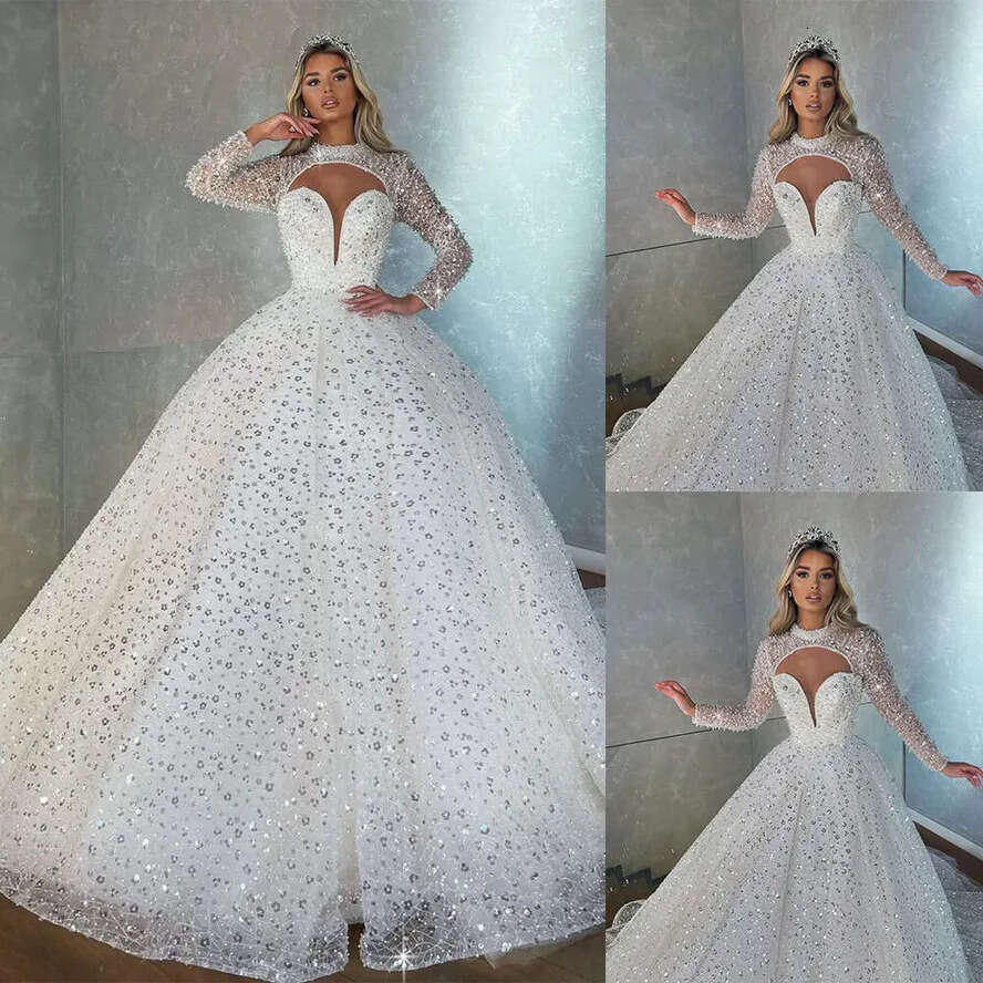 Neck Sexy High Mermaid Long Sleeves Gowns Custom Bridal Made Sequined Race Or Length Wedding Dresses Court Train Satin Ruched Tulle Beach Vestido De N