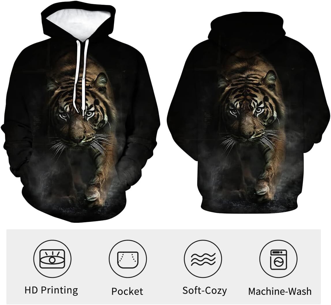 Hoodie for Mens Womens Mens Tiger Hoodie Autumn Winter Long Sleeve Pullover Fantasy Animal Theme Sweatshirt Realistic Graphic Hoodie Graphic Fashionab