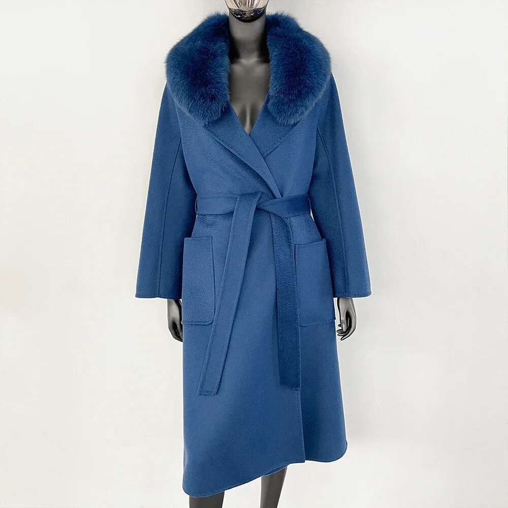 Women Warm Outerwear Casual Winter Natural Real Fox Clothes For Lady Long Fur Coat Woolen Ladies Handmade Wool Jacket