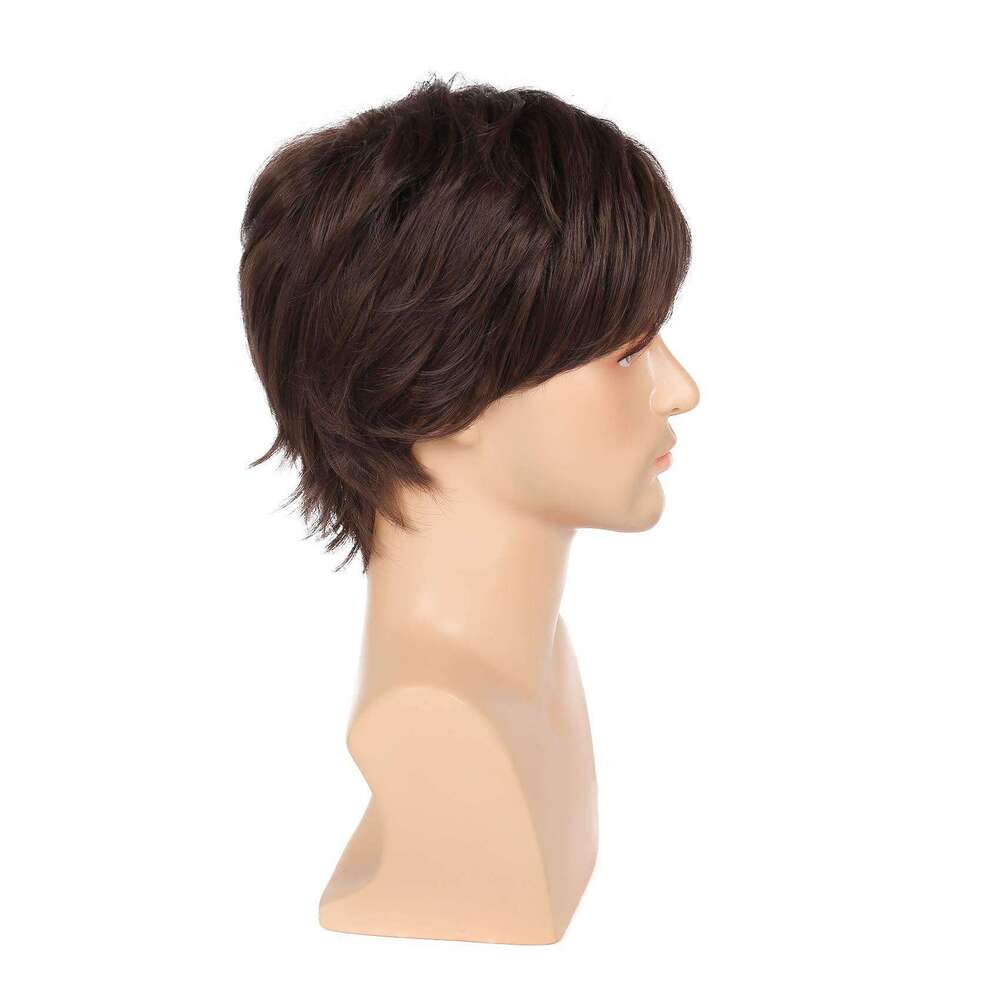 Men's Short Straight Brown Fluffy Wig Long Bangs Synthetic Headband Men Wigs