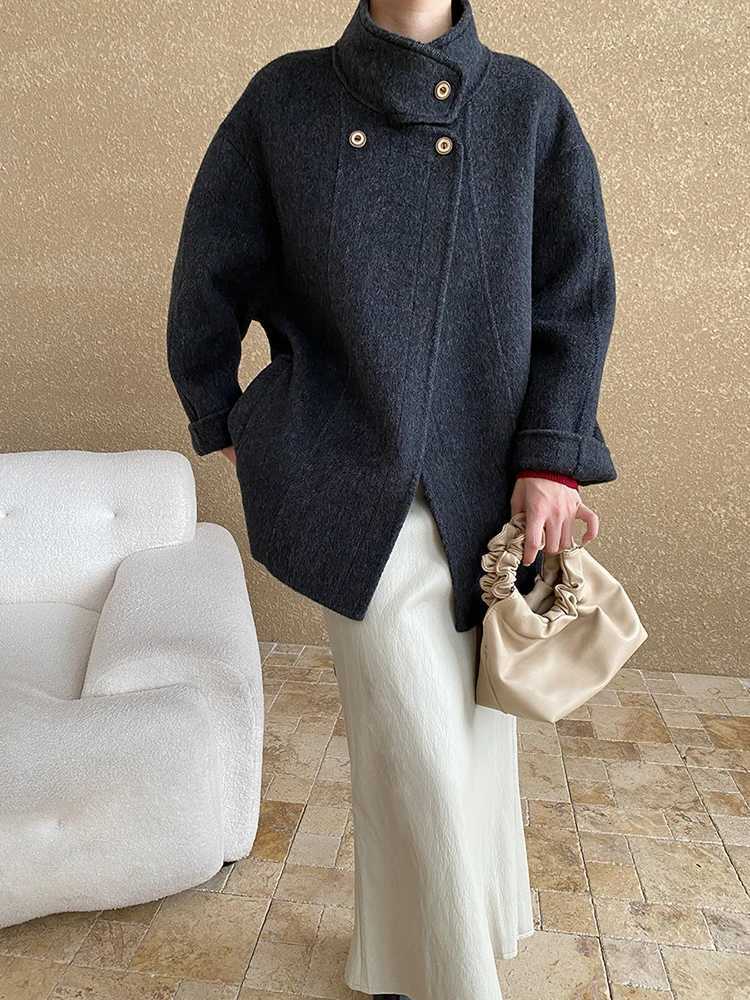 EAM Beige Belted Big Size Elegant Woolen Coat New Lapel Long Sleeve Women Jacket Fashion Tide Autumn Winter 2024 1DH7359X241009