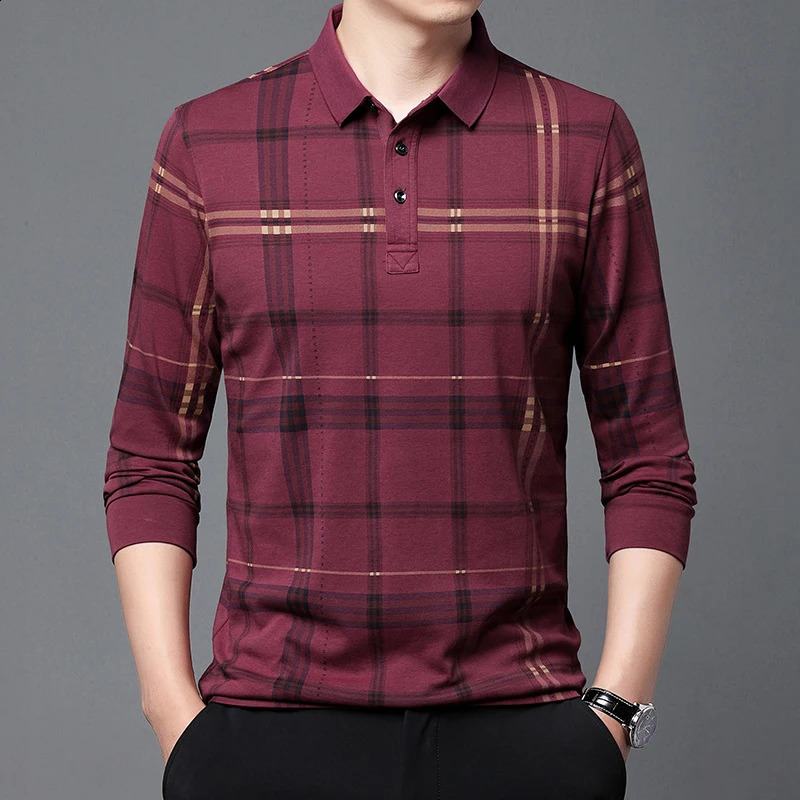 2023 Autumn mens long sleeve lapel checkered polo shirt business leisure wash cotton high quality Tshirt men 241009