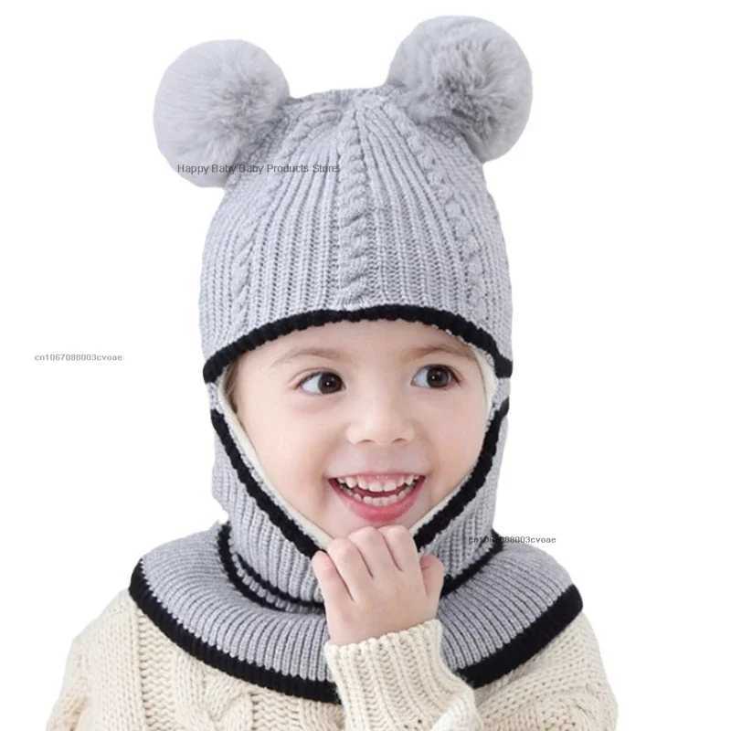 2-5Y Winter Baby Hat Scarf One-Piece Pompom Knit Hat for Kids Warm Neck Ball Cap for Girls Boys Windproof Beanies Infant Cap LX241018