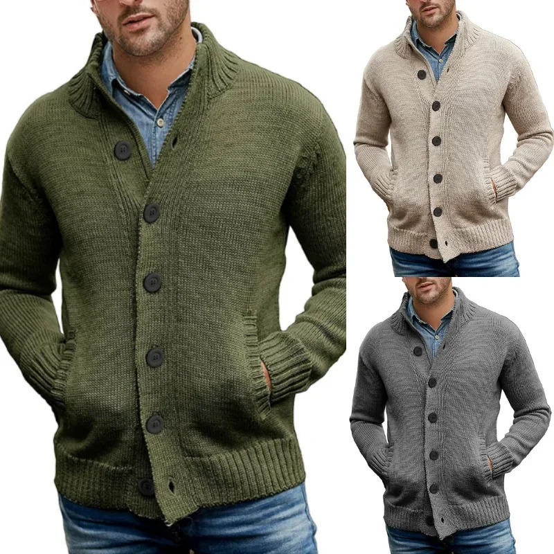 European and American Mens Sweater Cardigan Solid Color Singlebreasted Slimfit Highneck Knitted Autumn Winter Top 241018
