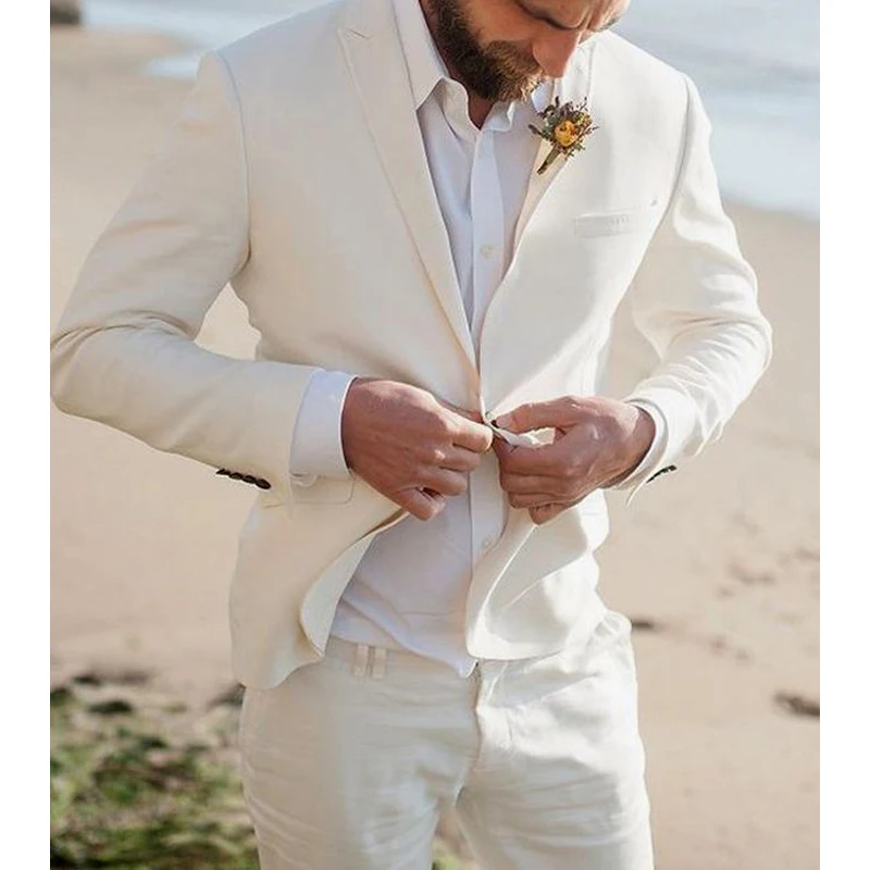 Beige Linen Groom Tuxedo for Wedding Beach Party Summer Men Suits Casual Peaked Lapel Custom 2 Piece Male Coat with Pants