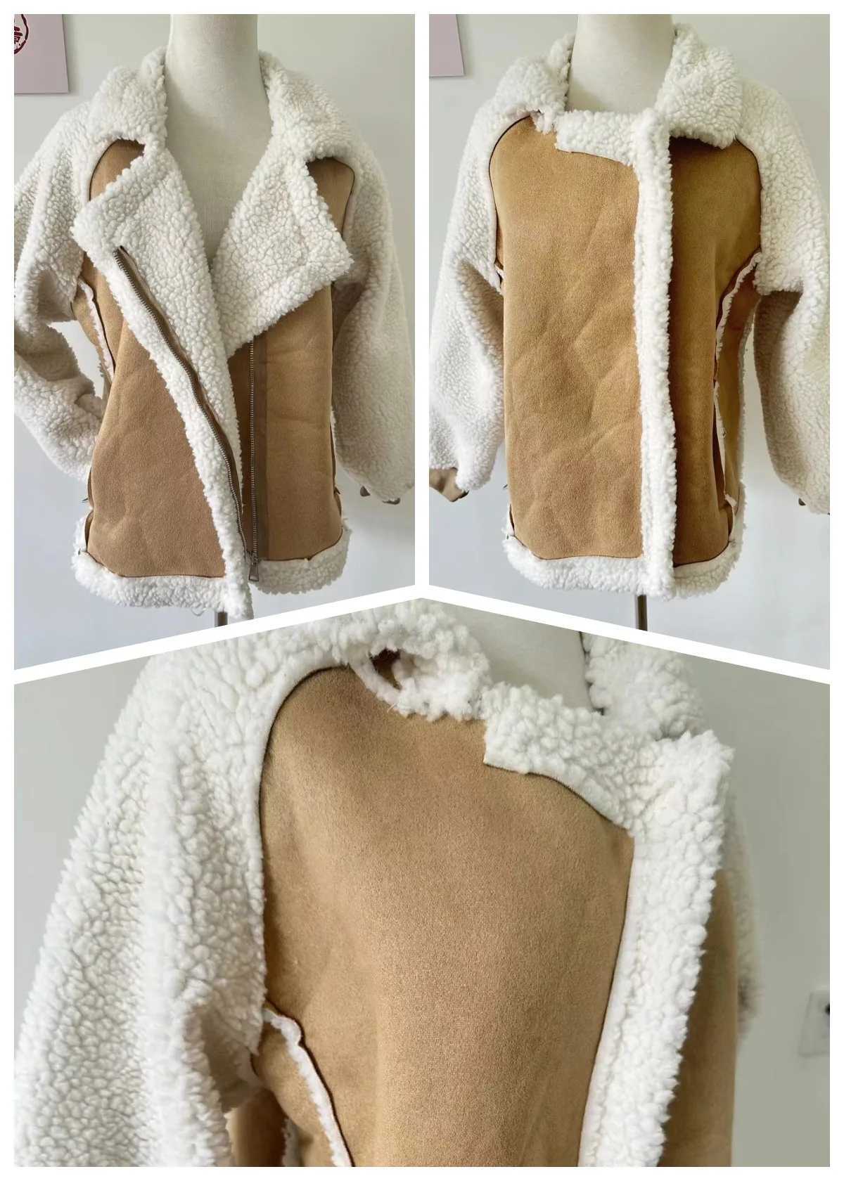 Autumn Winter Womens Coats New Fashion Casual Loose Patchwork Outerwear Harem Korean Vintage Crop Pockets Lambhair Jacket WomenX241018