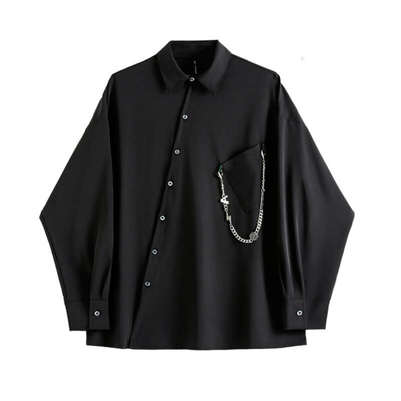 shanshi Men's shirts High street diagonal placket asymmetrical metal chain long sleeved shirt with men's design sense, personality, dark cou