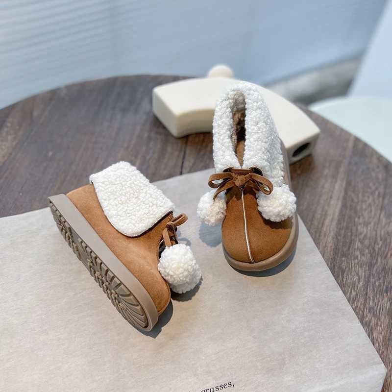 Boots Korean Style Children Girls Snow Boots 2023 Winter New Kids Fur Ball Classic Fashion Boys Casual Boots Simple Non-slip Flats H241018