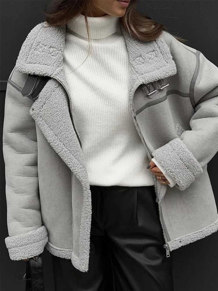 Lamb Wool Zipper Short Coats Women Loose Casual Winter Thick Warm Jacket Female Fashion Turn-down Collar Solid Streetwear CoatsX241018