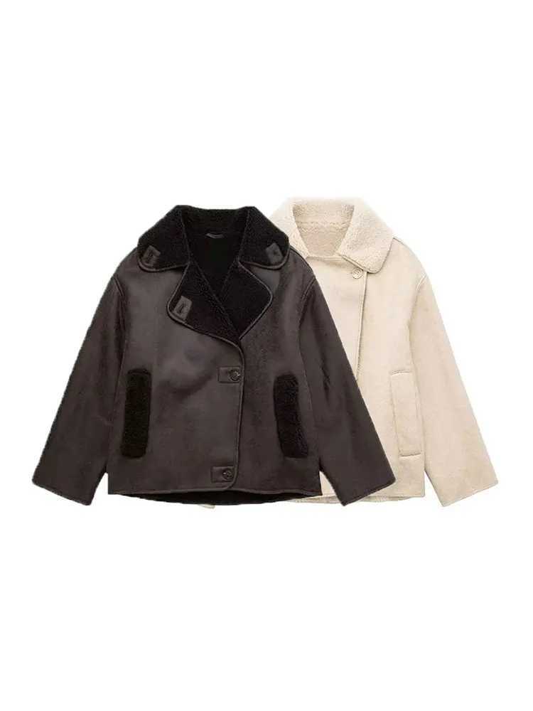 TRAF 2023 Winter Womens New Vintage Thick Lapel Faux Leather Lambswool Jacket Single Breasted Pocket Street Warm Coats OutwearX241018