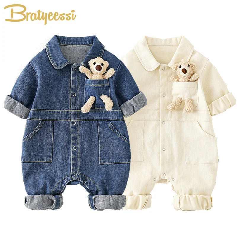 Denim Romper Baby Jumpsuit Cartoon Bear Korean Toddler Onesie Autumn Baby Boys Girls Clothes Infant Outfit Clothing 241008
