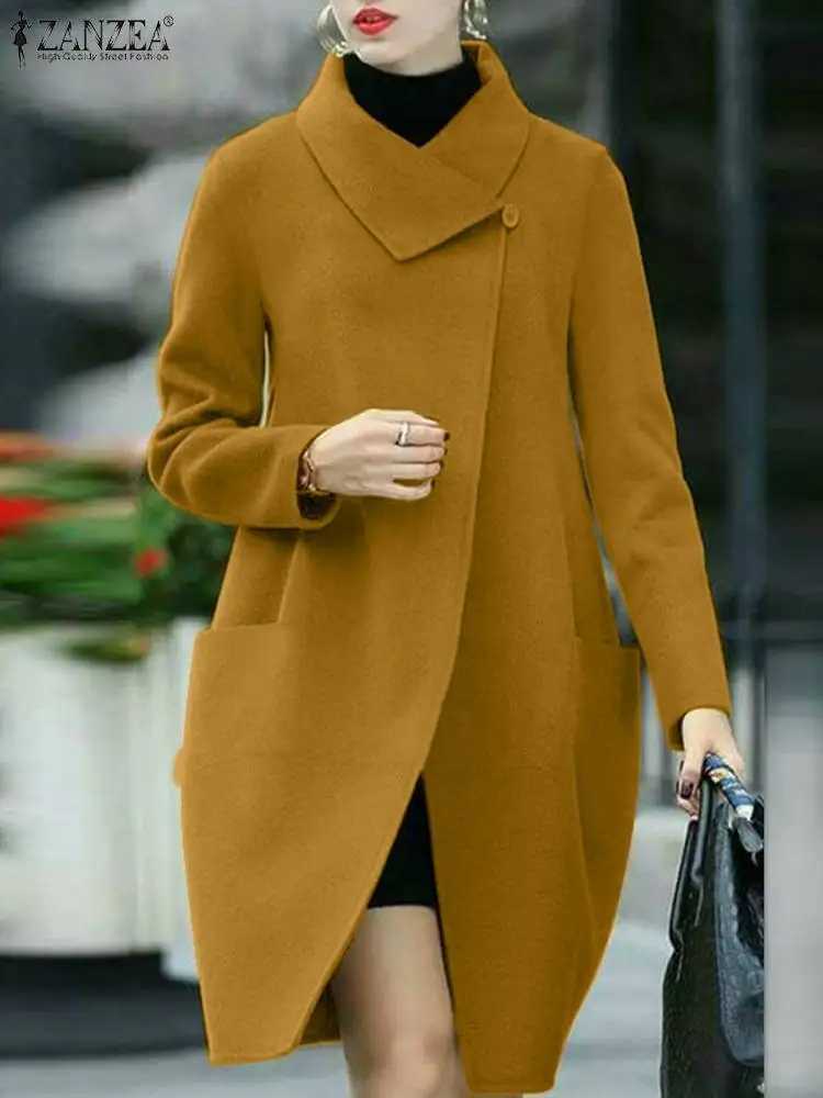 ZANZEA Women Loose Woolen Coat 2024 Fall Winter Lapel Overcoat Fashion Long Sleeve Outwears Vintage Pockets Solid Parka CoatsX241009