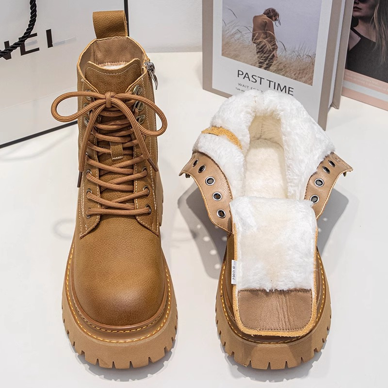 Thick soled Martin boots women's 2024 autumn and winter new workwear with fleece short boots brown motorcycle boots big yellow single boots