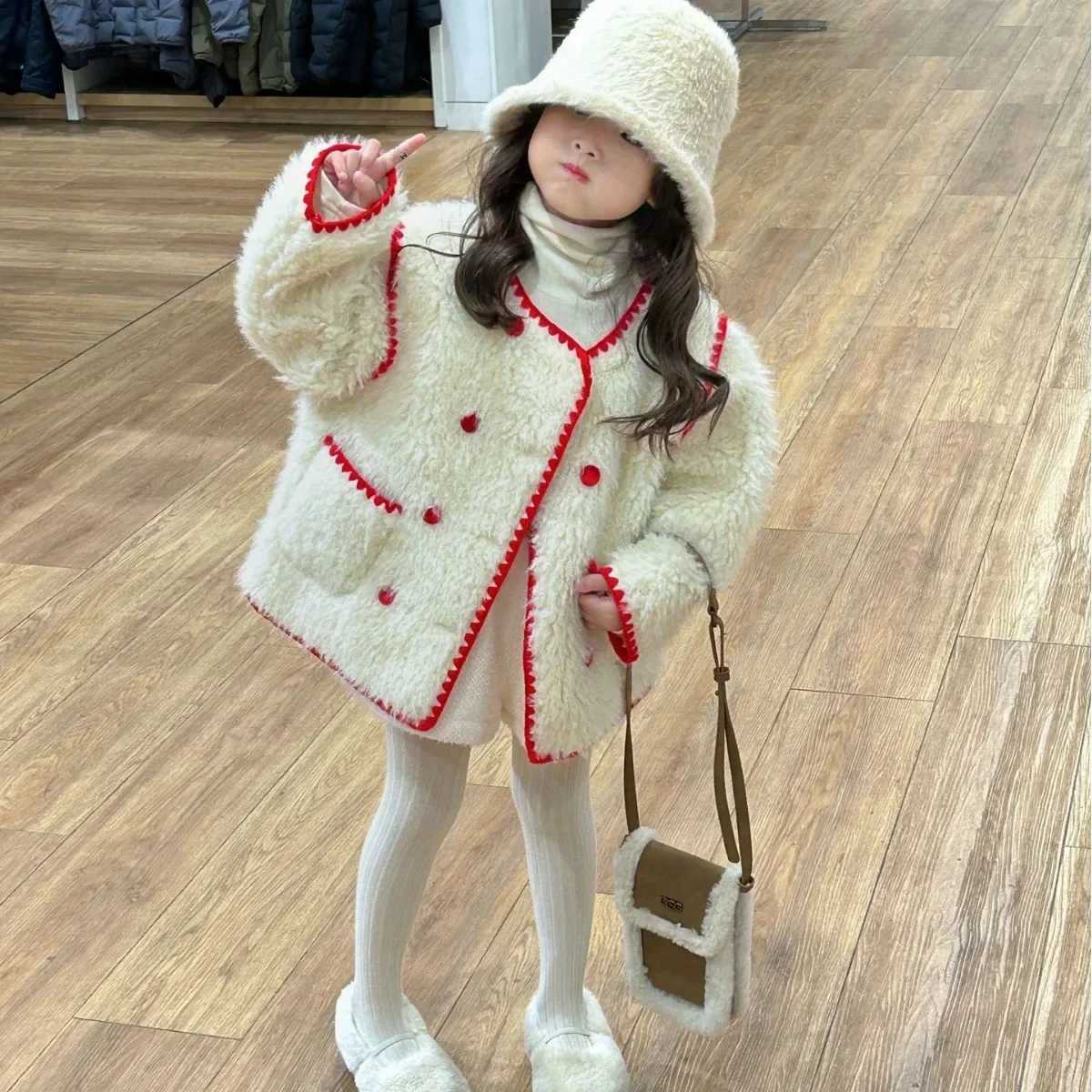 Girl Coats Winter New Childrens Clothing Korean Style Childrens Clothing Girl Design Feel Wool Clothing Red Border Vintage Clothing M241018