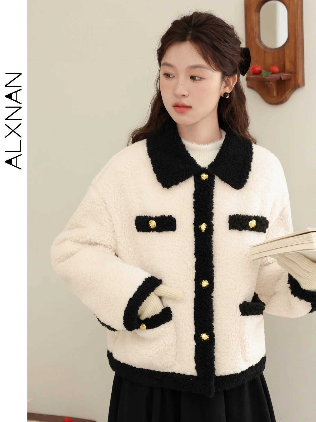 ALXNAN Lamb Wool Coat 2024 Autumn Winter New Elegant Lapel Collar Long Sleeve Loose Short Jacket Outerwear for Women LXN32291X241018