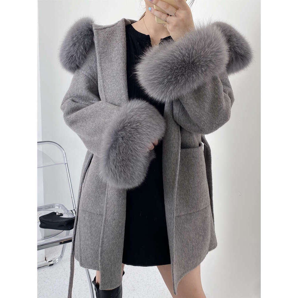 2023 Real Coat New Oversize Ladies Outerwear Winter Jacket Women Natural Fox Fur Collar Cuffs Hood Cashmere Wool Woolen