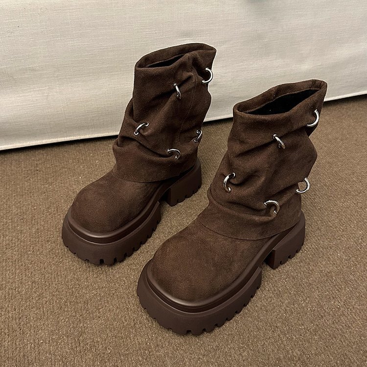 Metal buckle Martin boots, women's thick soled Western cowboy boots, 2024 new model, thick heel motorcycle short boots, pile up boots