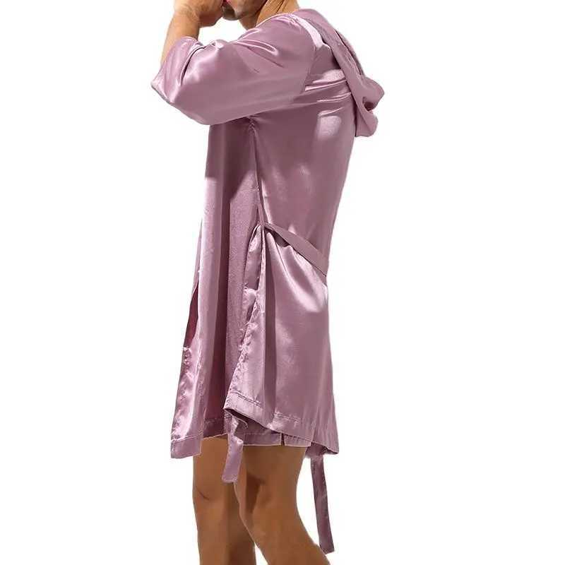 Mens Sleepwear Robe Night Clothes Silk Kimono Bathrobe Men Hooded Szlafrok Pajamas Peignoir Sleeve Ropa Sexy Hombre Mans GownXJ241018