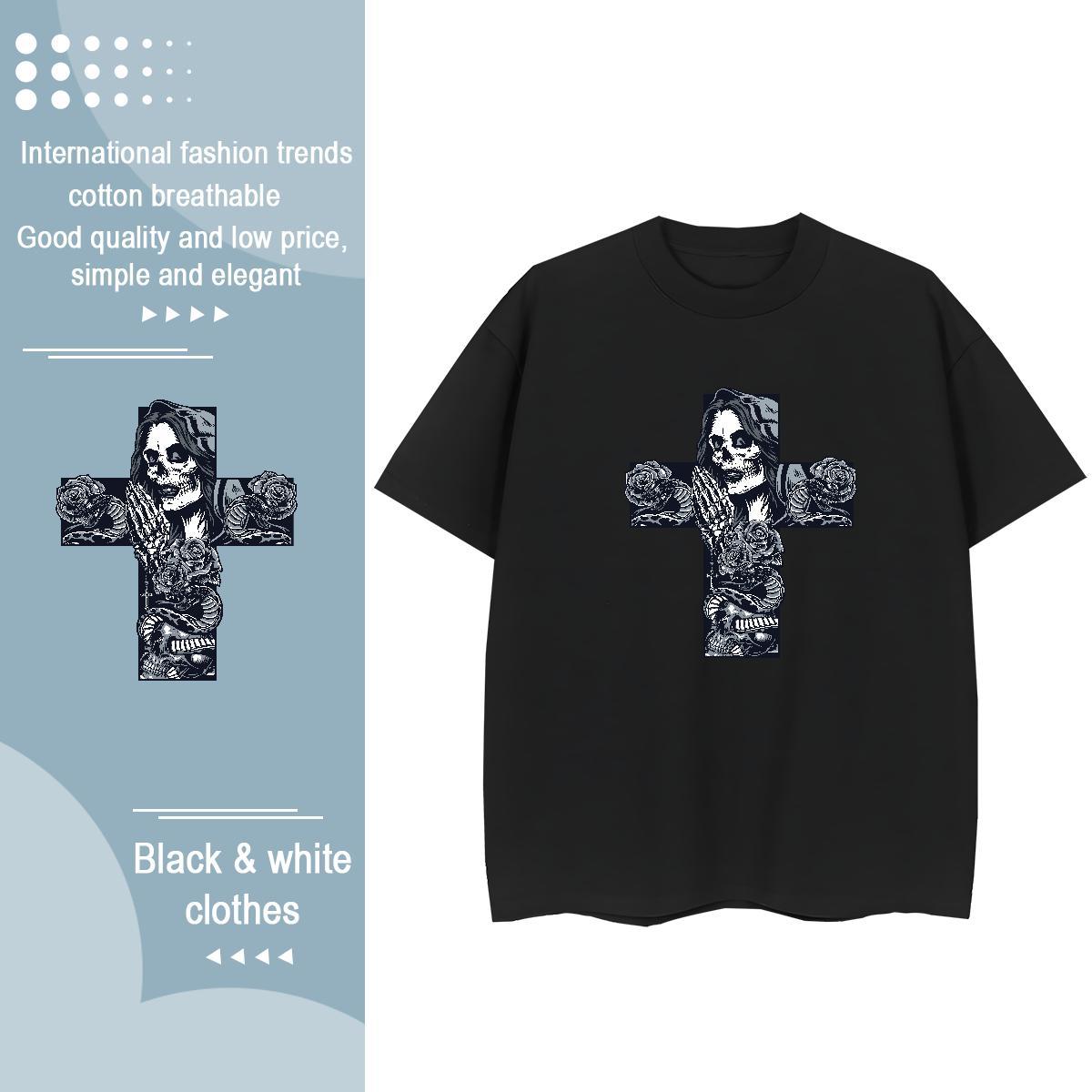 Casual New T shirt 230g Pure Cotton Round Neck Short Sleeve Daily Wear skull Woman Tshirt Popular Black Oversized Tops Tees