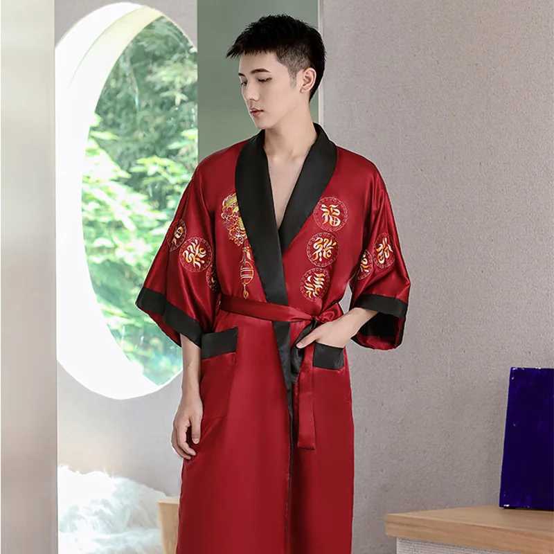 Chinese Style Embroidered Dragon Men Robe Kimono Bathrobe Gown Half Sleeve Satin Sleepwear Nightwear Loose Home Wear with PocketXJ241018