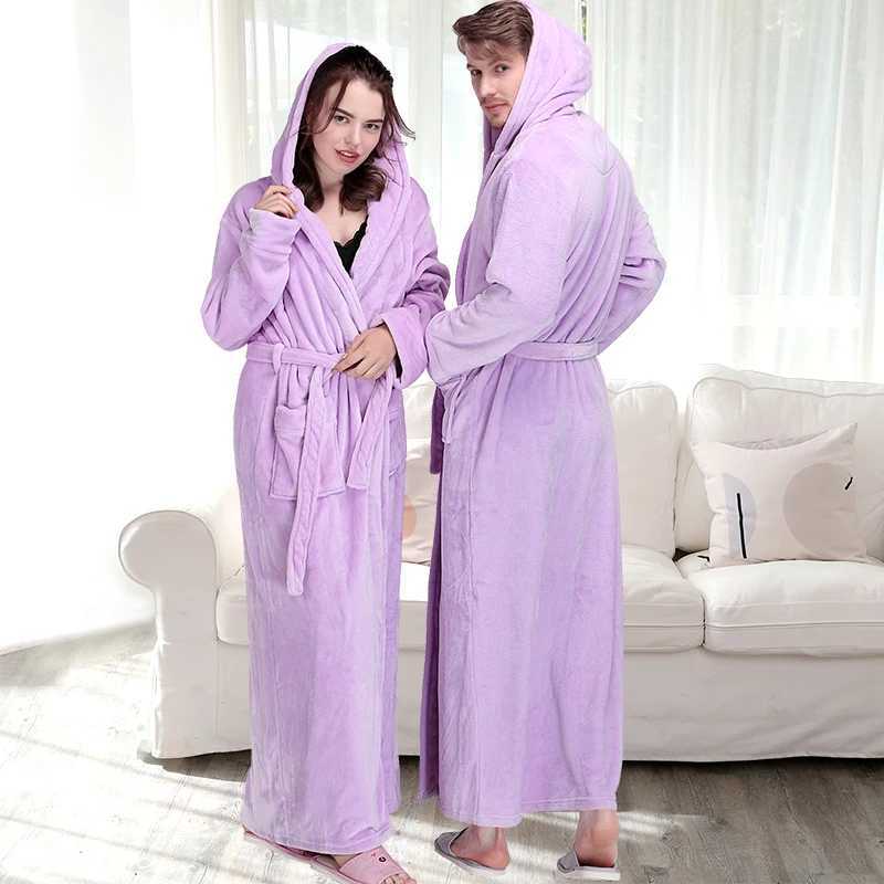 Men Plus Size Long Warm Flannel Bathrobe Winter Hooded Coral Fleece Bath Robe Men Night Sleepwear Women Dressing Gown Sexy RobesXJ241018