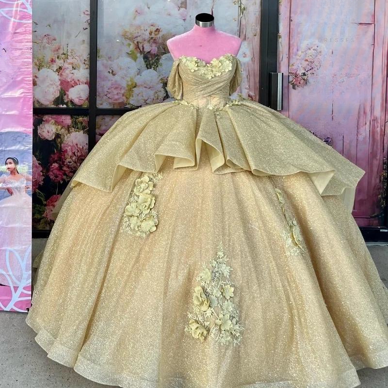 Sparkly Gold Sweetheart Princess Ball Gown Quinceanera Dresses Off The Shoulder Lace 3D Flower Sweet 16 Dress Vestidos De 15 Anos