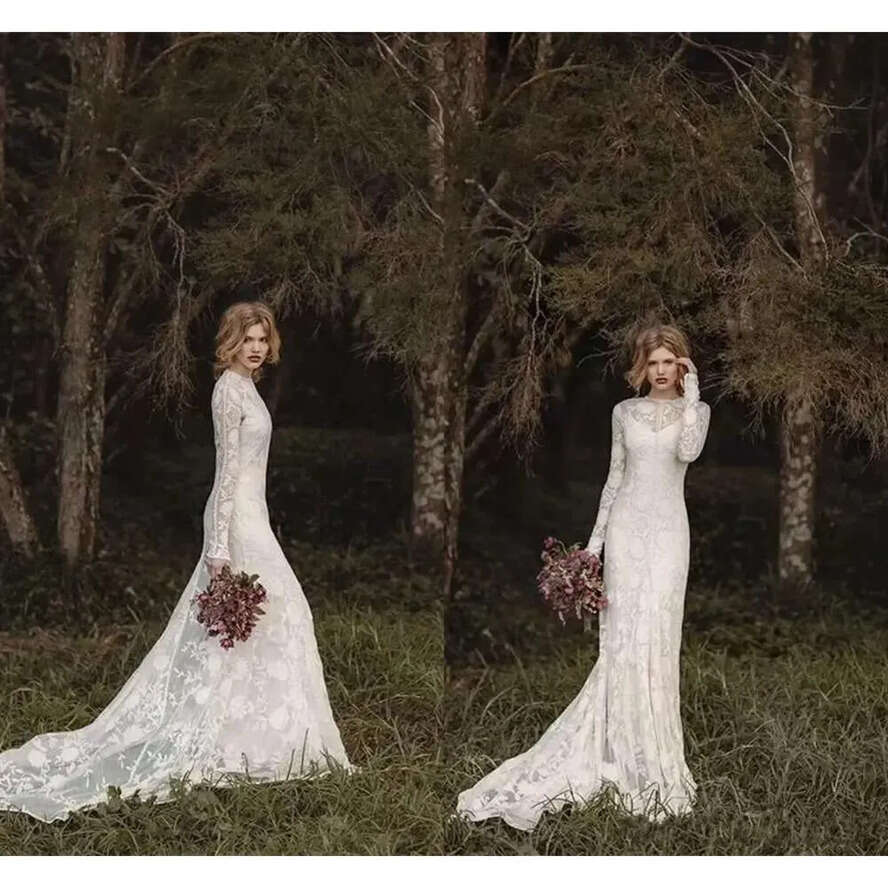 Sleeve Long Lace Bohemian Elegant Wedding Sheer Neck Full Back Or Length A E Country Bridal Dresses Cheap Gown