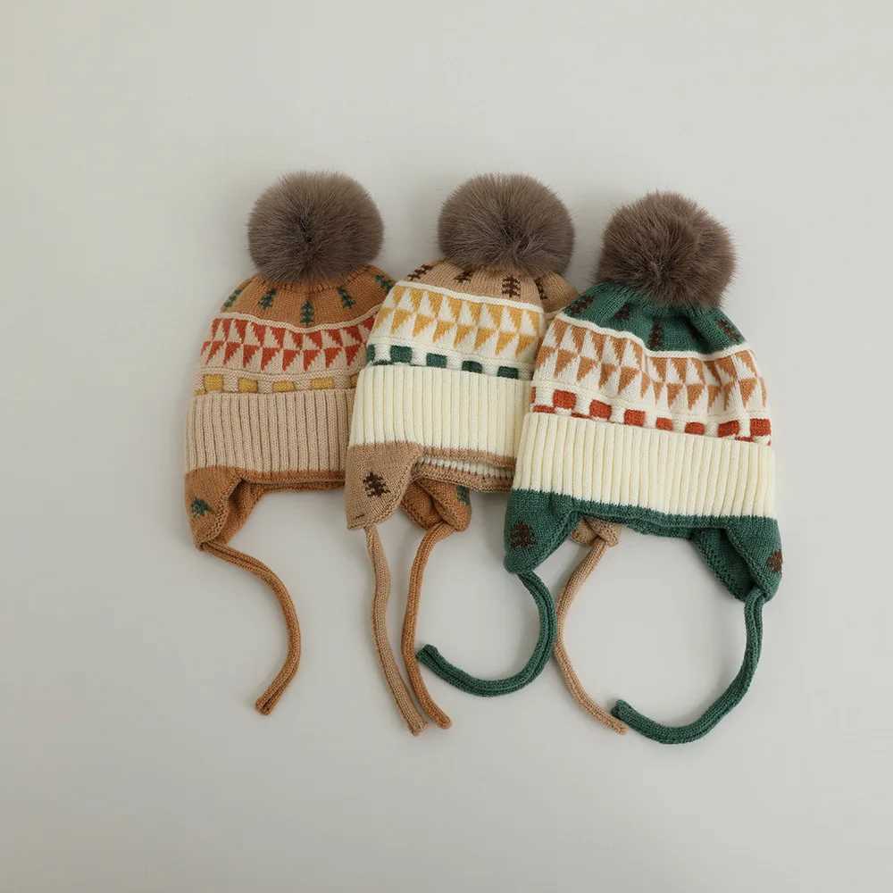 Cute Pom Kids Knit Hat Autumn Winter Warm Kids Ear Protection Caps for Girls Boys Beanie Cap Soft Kids Bonnet Caps LX241018
