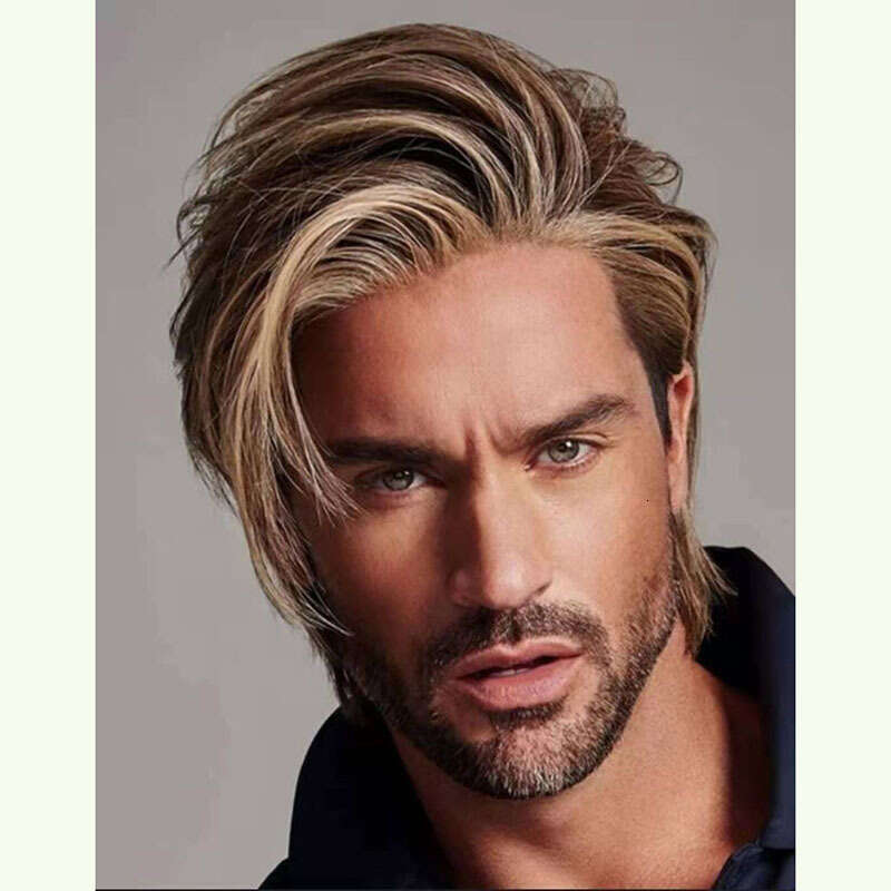 Fashion Handsome Mixed Gold Brown Men's Hair Synthetic Wig Headset