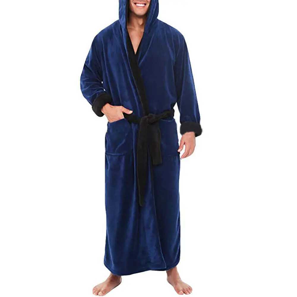 New Mens Bathrobe Long Dressing Fleece Hooded Nightgown Autumn and Winter Oversized Long Sleeve Pajamas Males Home ClothingXJ241018