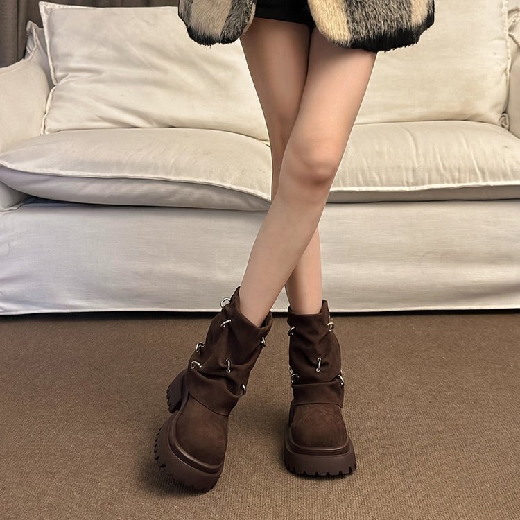 Metal buckle Martin boots, women's thick soled Western cowboy boots, 2024 new model, thick heel motorcycle short boots, pile up boots