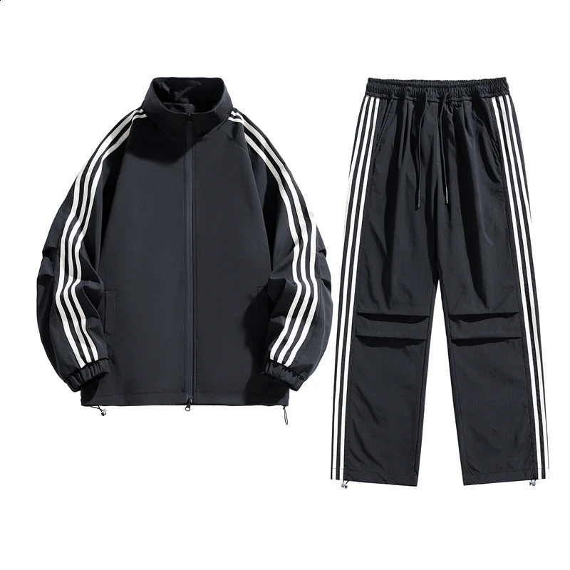 Youth Waterproof Suit Autumn Classic Striped Two Pieces Set Men Stand Collar Top Casual Jogging Outdoor Sweatpants Couple Sports 241017