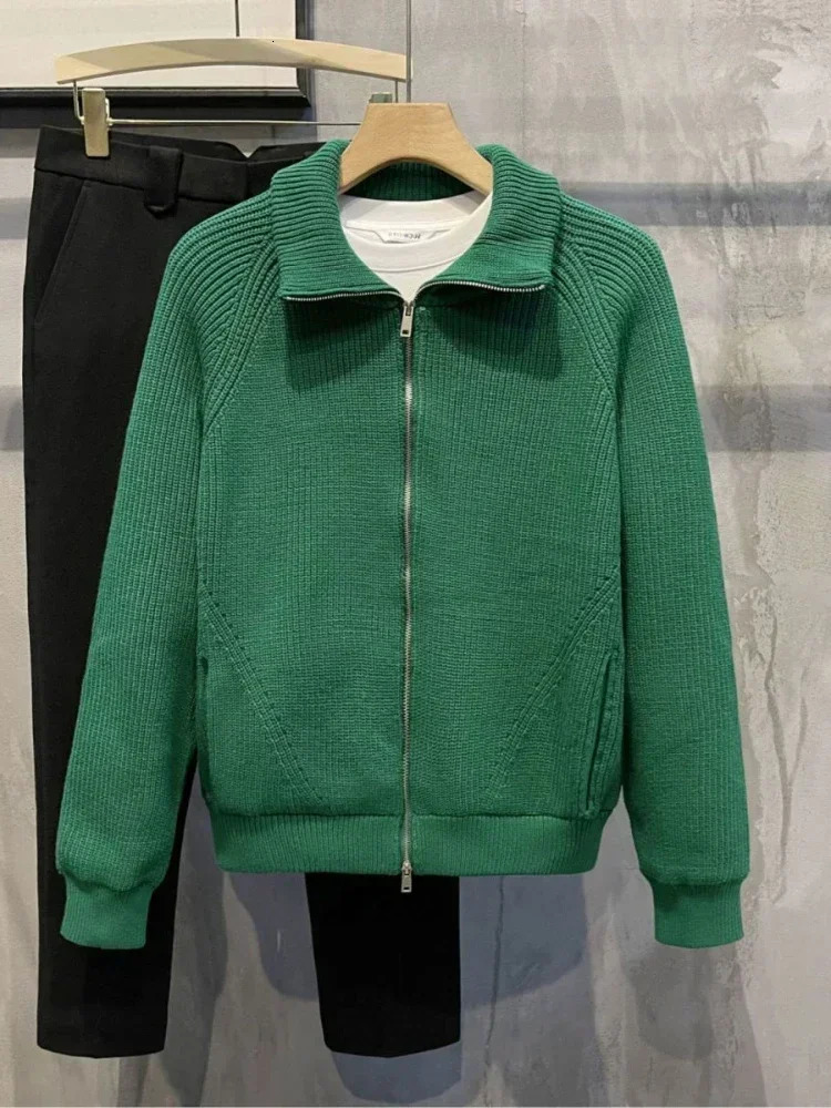 Mens Clothing Cardigan Collared Zipper Knit Sweater Male Solid Color Plain Green Zipup Korean Autumn Stylish Old X 241018