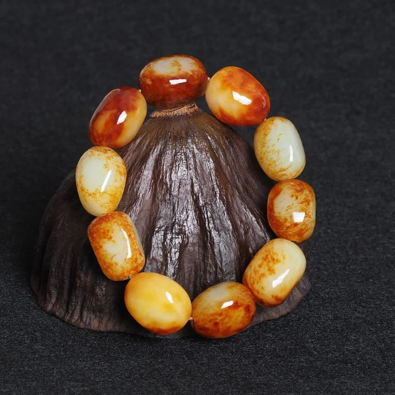 Hetian Pebble Bracelet Natural Dispersed Bead White Jadeite Coarse Stone Pendant for Men and Women Red Leather 241018