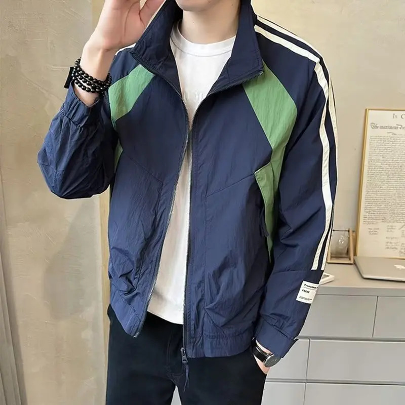 Vintage City Boy Stand Collar Work Jacket Men's Autumn Loose Fit Casual Solid Color Versatile Baseball Uniform Thin Length