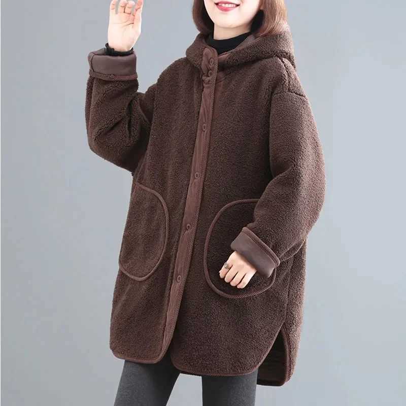 Winter Ladies Thicken Jacket Female Medium Long Styles Lamb Wool Coat Women Hooded Splicing Together TopsX241018