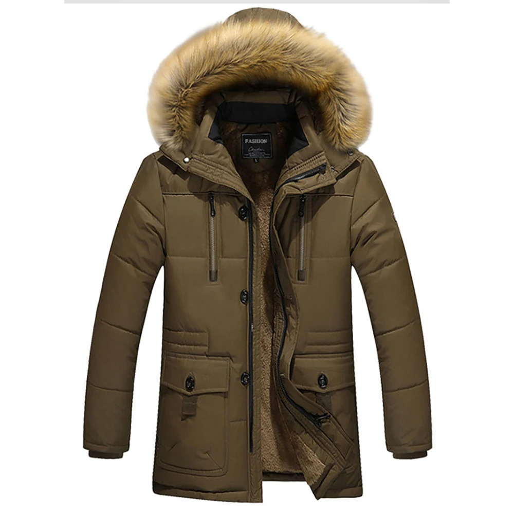 TRAF Winter Fashion Comfort Mens Raccoon Collar Medium Length Plus Fleece Large Size Hooded CottonPadded Jacket 241018