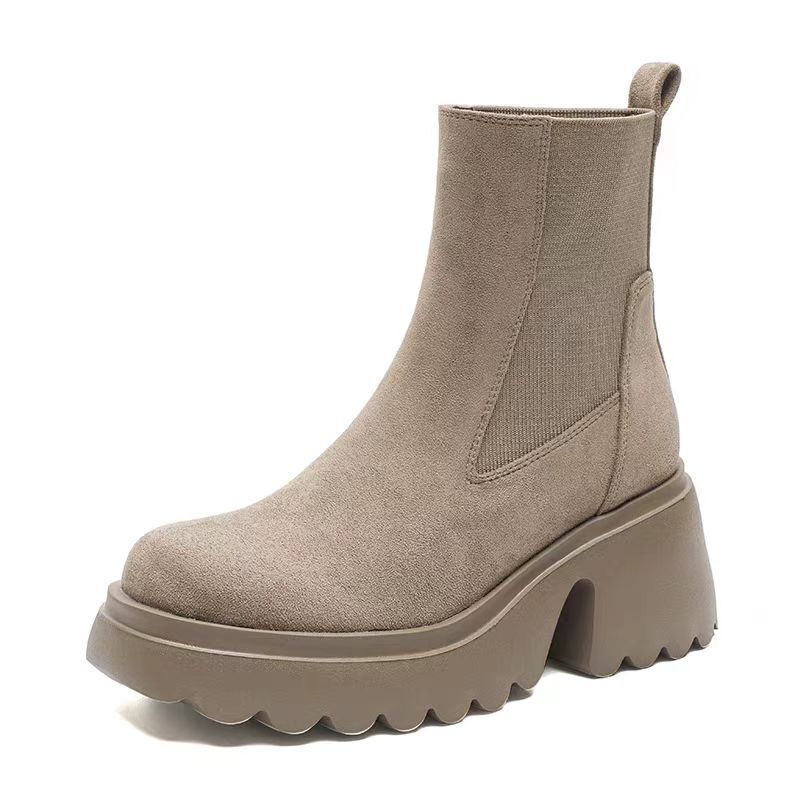 Thick soled Martin boots, women's Chelsea boots, height increasing round toe short tube elastic slim boots, small short boots, spring and autumn 