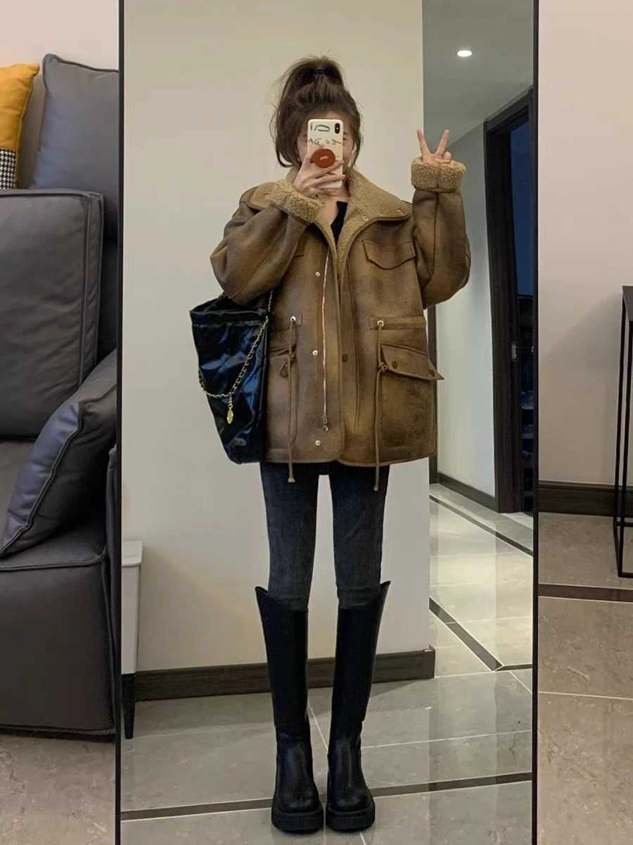 Womens Reversible Lamb Fleece Motorcycle Coat American Winter Coat Retro Versatile Loose and Worn ThickenedX241018