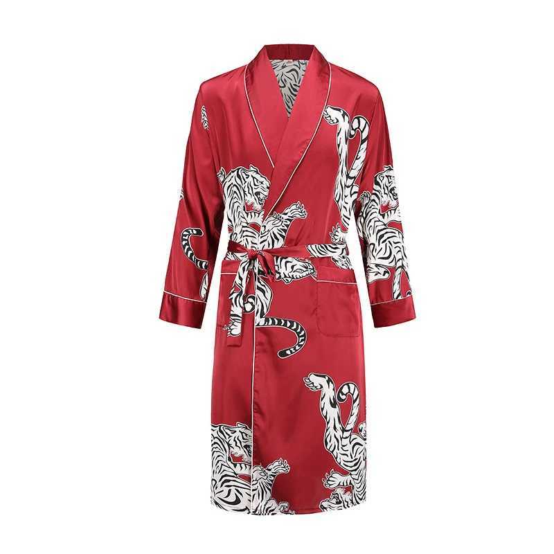 Men Robe Nightgown Long Sleeves Kimono Bathrobe Gown Silky Satin Dragon Print Pajamas Sleepwear Nightwear Gown Casual HomeXJ241018