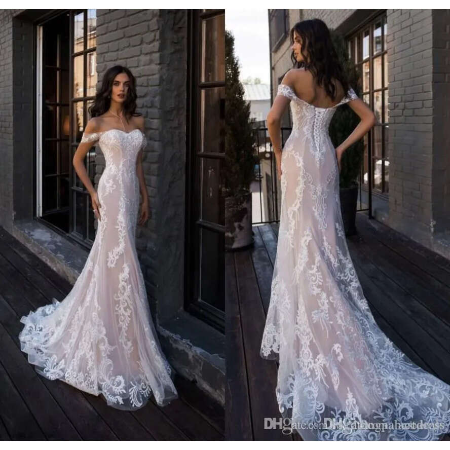 Amazing Pink Sexy Blush Mermaid Dresses Off The Shoulder Or Length Lace Appliques Wedding Dress Vestidos De Noiva Bridal Gowns