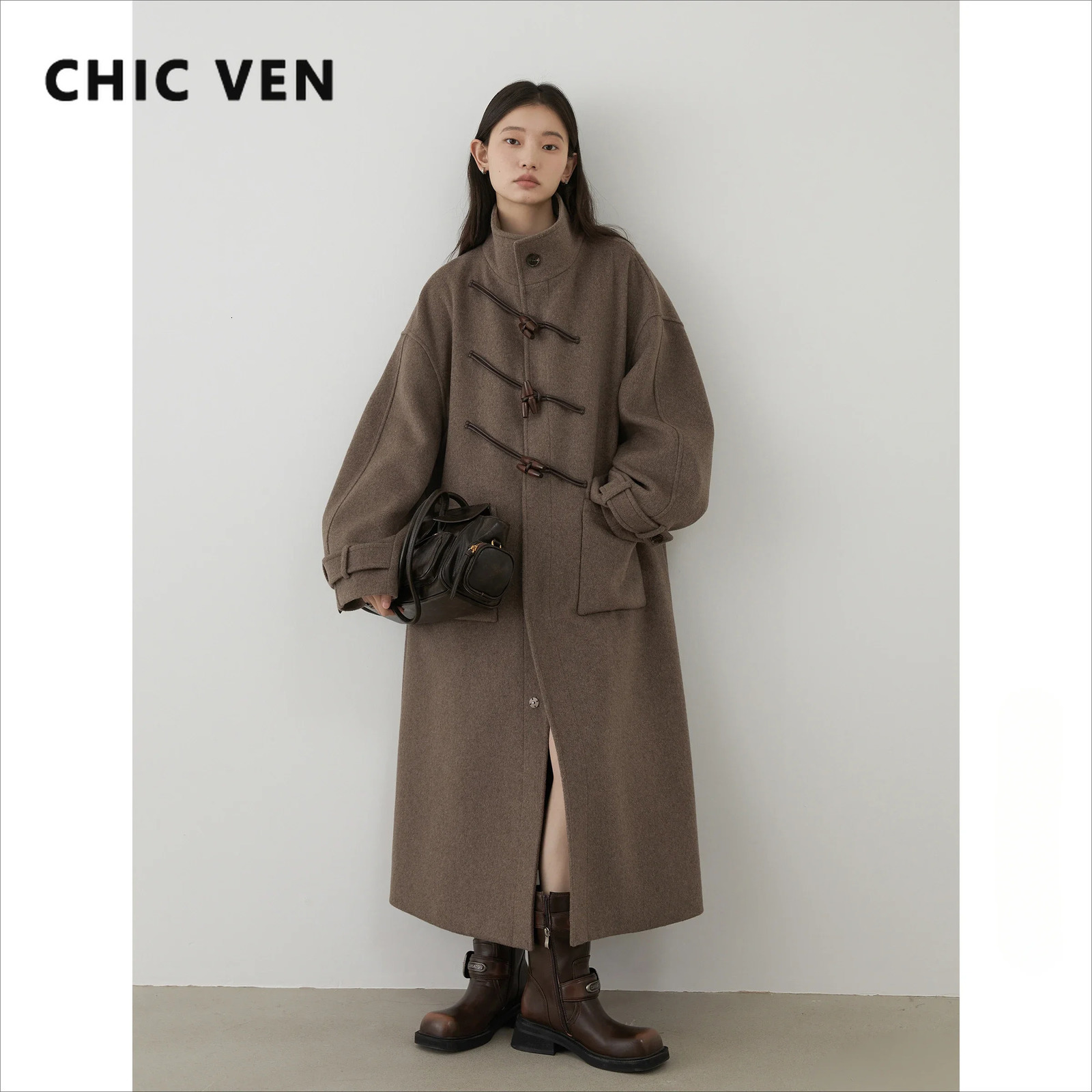 CHIC VEN Women Long Woolen Coats Single Breasted Loose Stand Collar Cow Horn Buttoned Office Ladies Overcoat Autumn Winter 241018