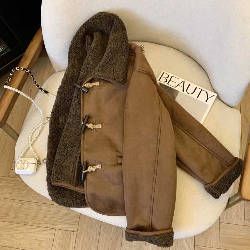 Bomon Korea Autumn and winter new loose casual horn button fur one lamb wool thick warm coat Womens fashion trend lapel coatX241018