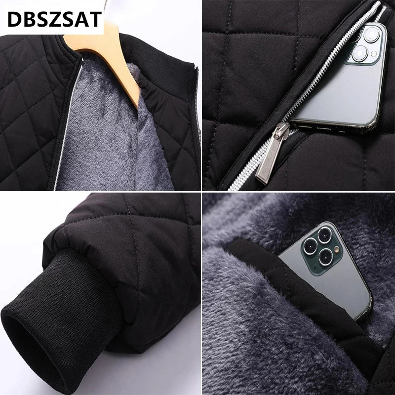 Winter Bomber Jacket Men Fashion Diamond Pattern Fleece Lined Casual Outwear Thermal Warm Coats Clothing 241018