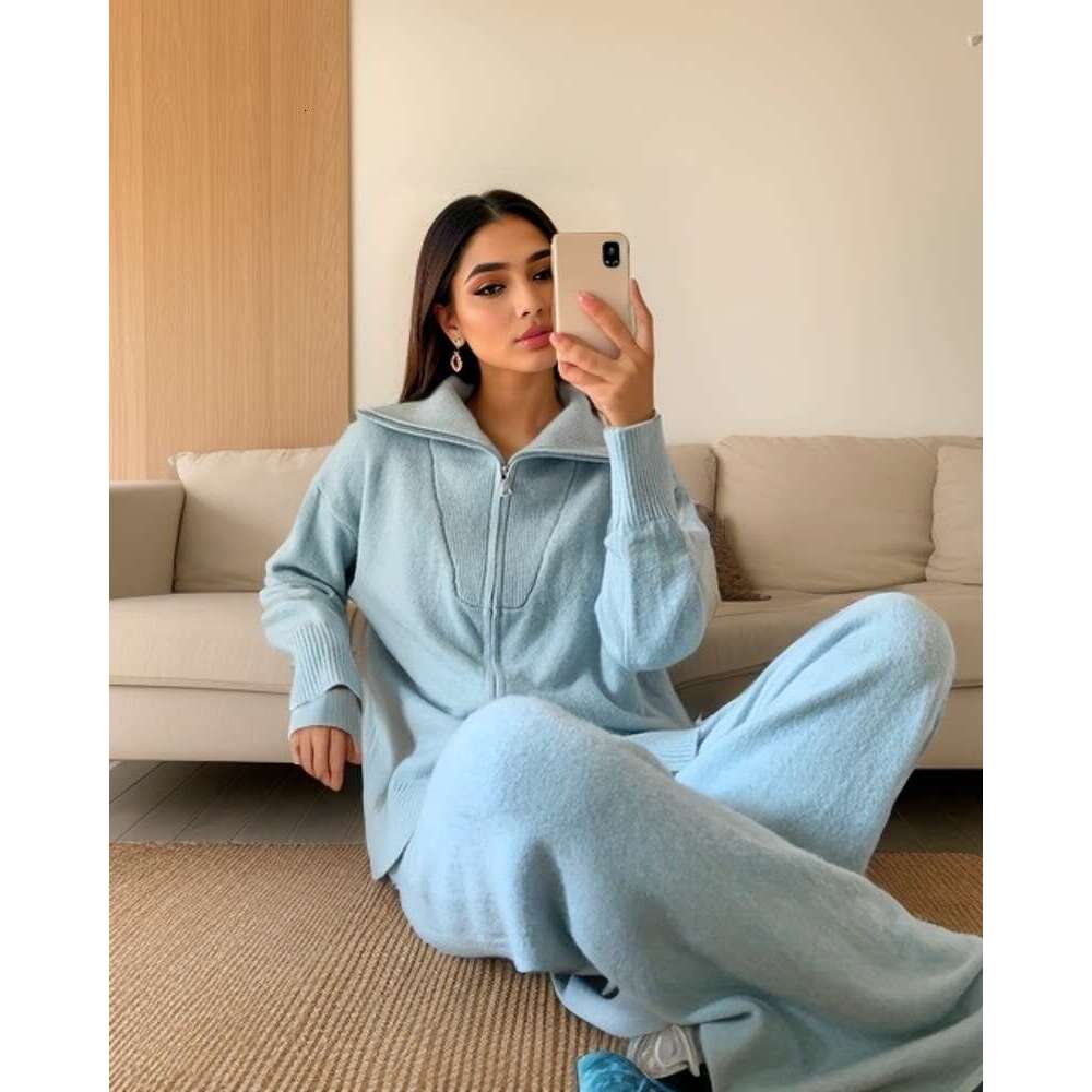 Hirsionsan Loose Thick Women Suits 2 Pieces Female Sets Zip Cardigan Sweater & Wide Leg Pants Soft Knitted Track Suit 2023