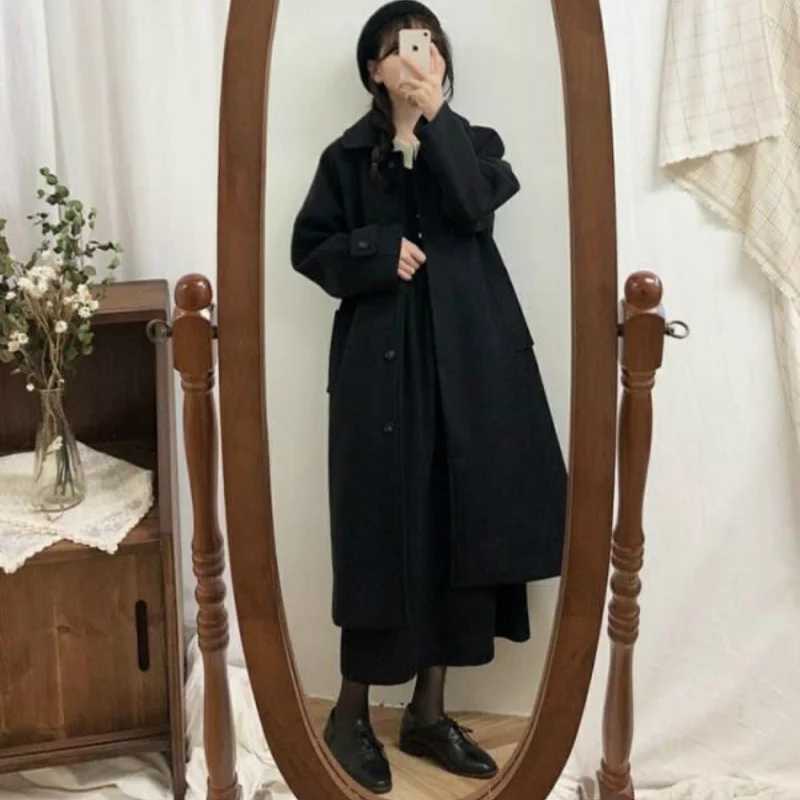 Womens Coat Winter Korean Fashion Long overknee Coated Thickened Woolen Winter Coat for Women Black Coat HarajukuX241009