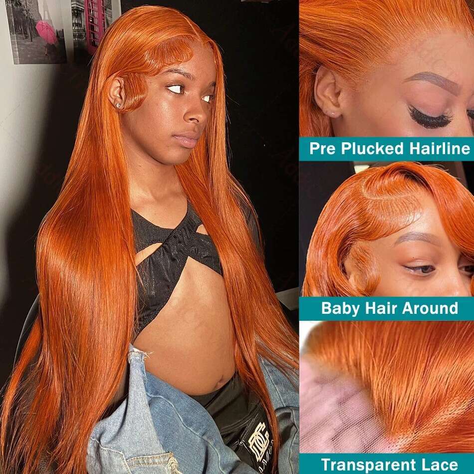 220% 30 38 Inch Ginger Orange Bone Straight 13x6 Front Human Hair Wig 13x4 HD Transparent Lace Frontal Wigs