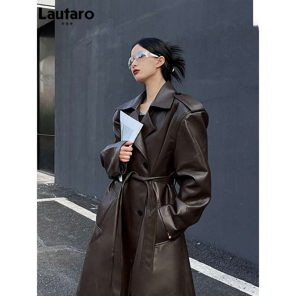Lautaro Spring Autumn Long Cool Oversized Brown Black Pu Leather Trench Coat For Women European And American Runway Fashion 2023